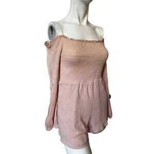 Altar'd State Off the Shoulder Peach Romper Sz Small with Shorts and Long Sleeve